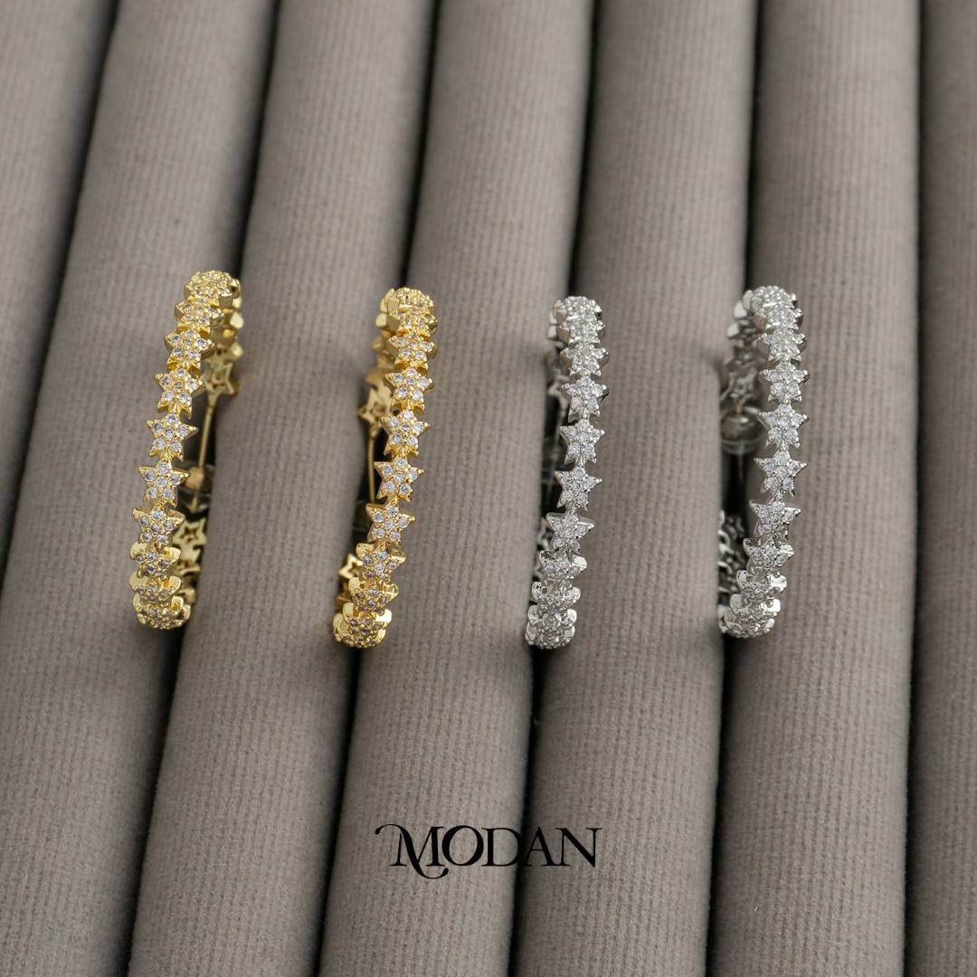 Micro Pave Celestial Star Statement Hoop Earrings Anting Bulat Bintang Hypoallergenic Gold Filled