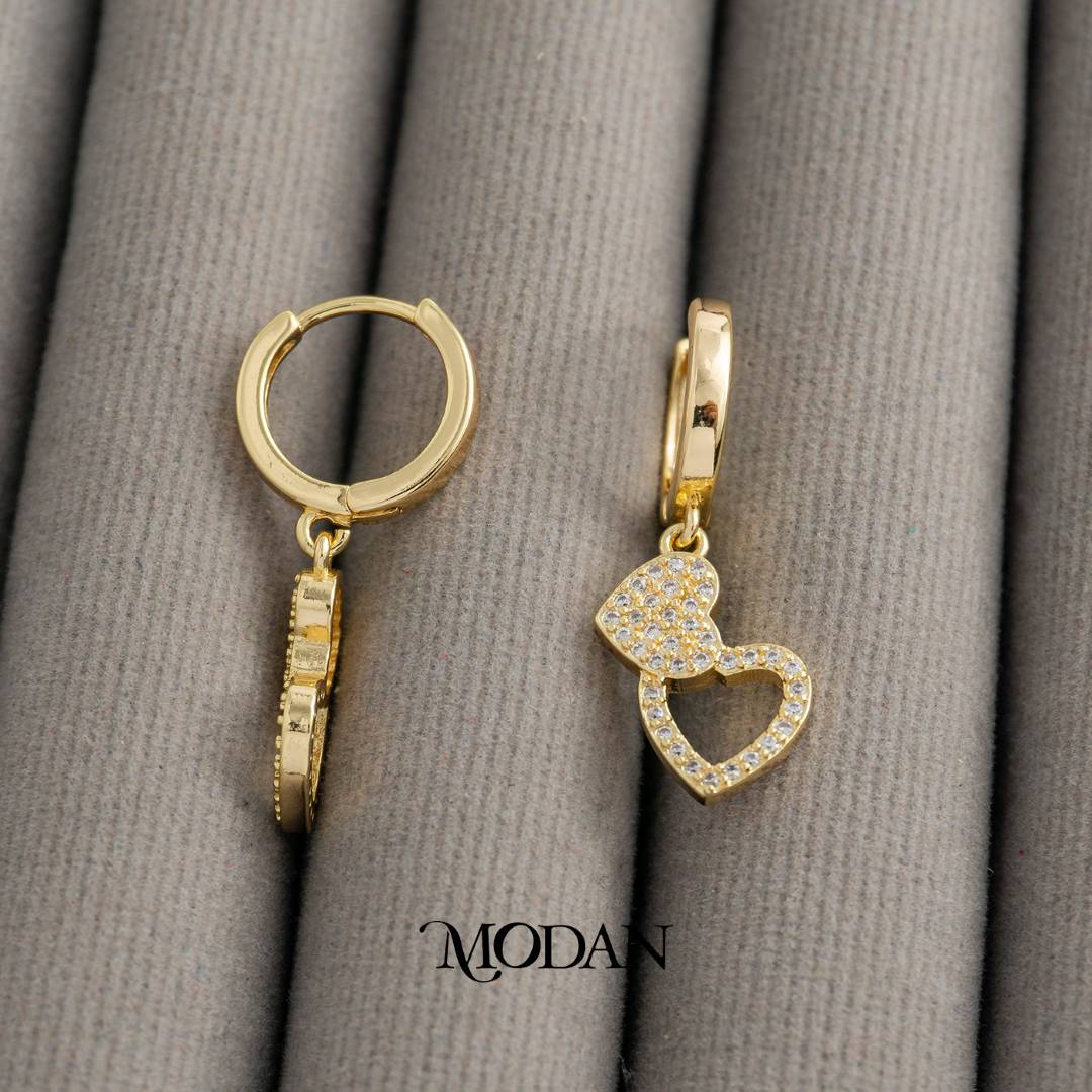 Sparkling Baguette Double Heart Dangle Hoops Earrings Anting Gantung Simple Hypoallergenic Gold Filled