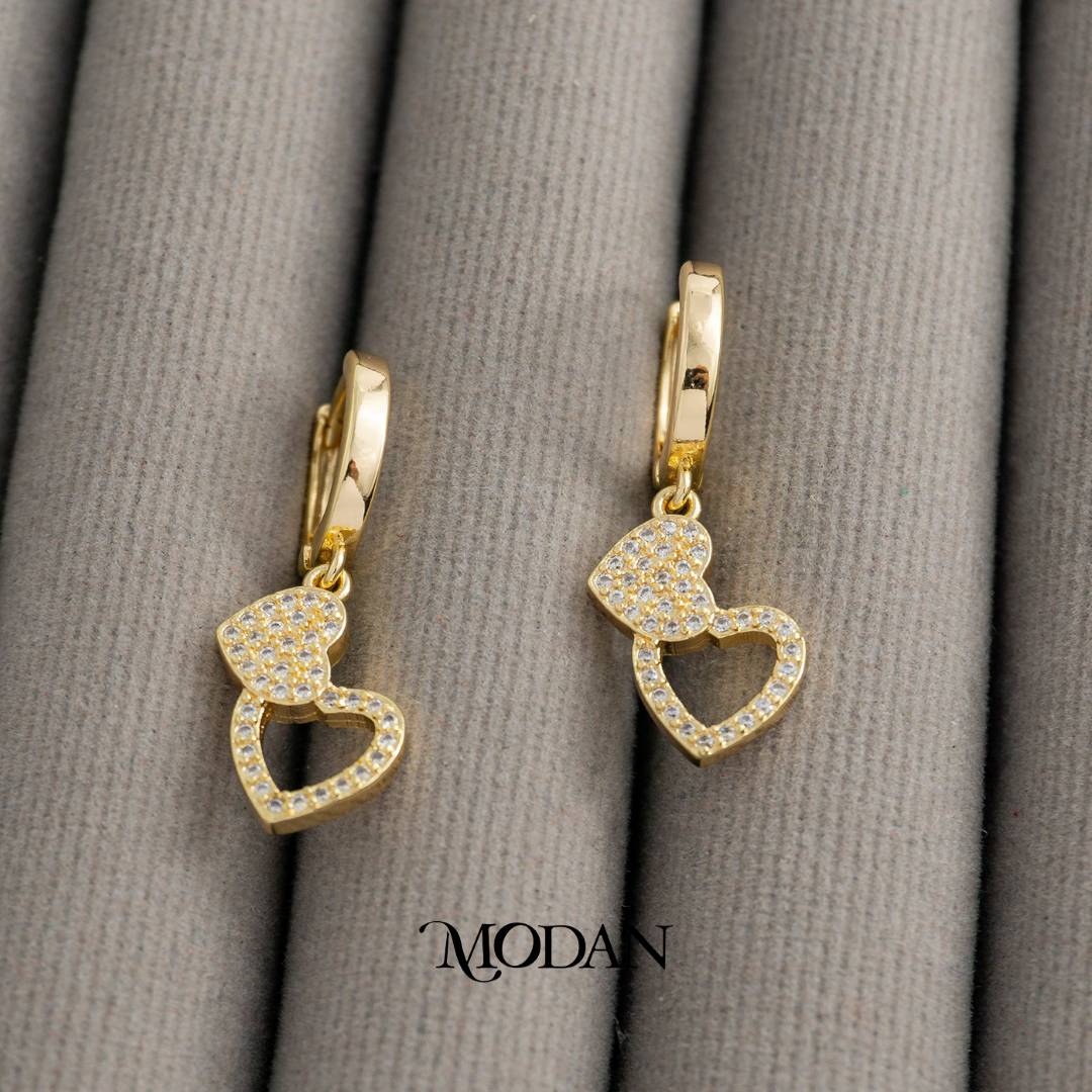 Sparkling Baguette Double Heart Dangle Hoops Earrings Anting Gantung Simple Hypoallergenic Gold Filled