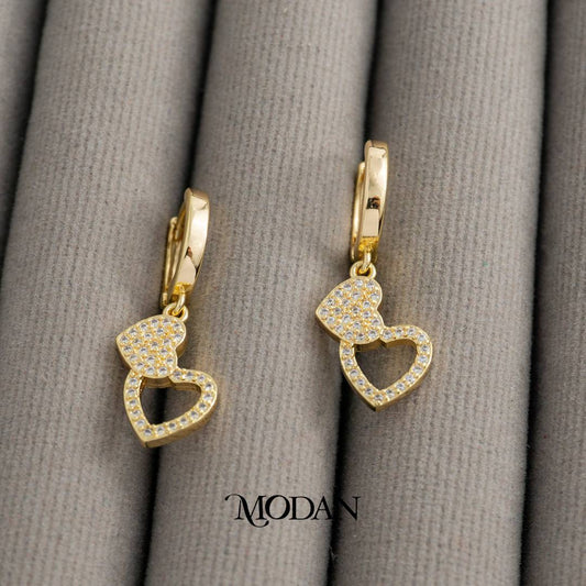 Sparkling Baguette Double Heart Dangle Hoops Earrings Anting Gantung Simple Hypoallergenic Gold Filled