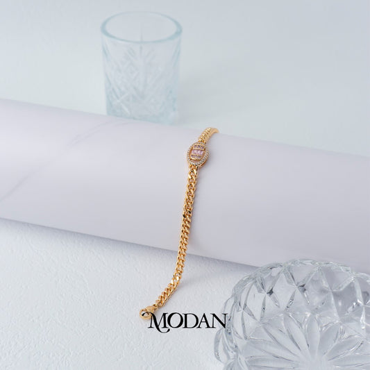 (16cm) Statement Pink Baguette Oval Curb Chain Bracelet Gelang Rantai Hypoallergenic Gold Plated