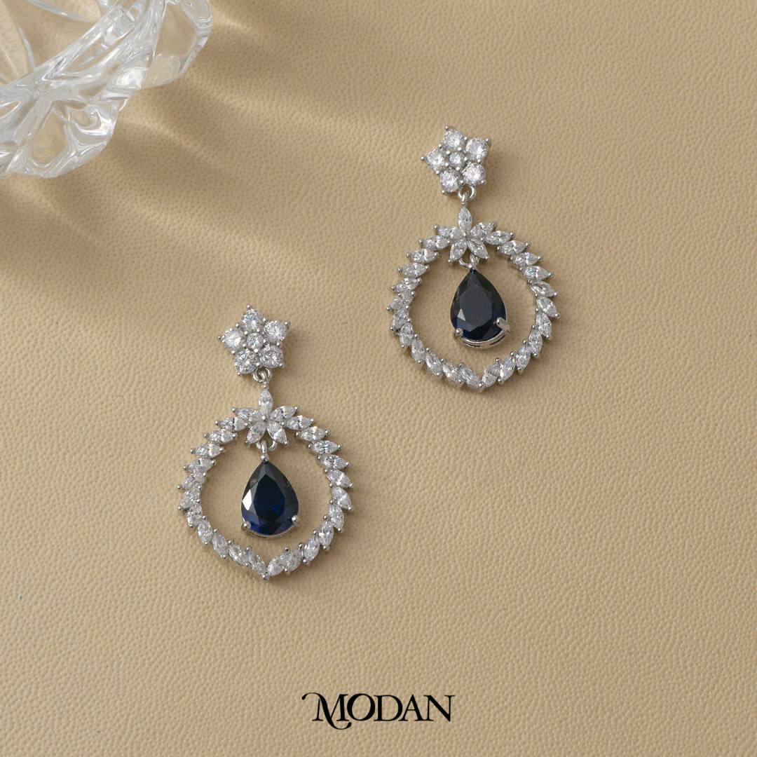 Sparkling Flower Blue Lapiz Lazuli Teardrop Drop Earrings Anting Gantung Pesta Hypoallergenic Gold Plated