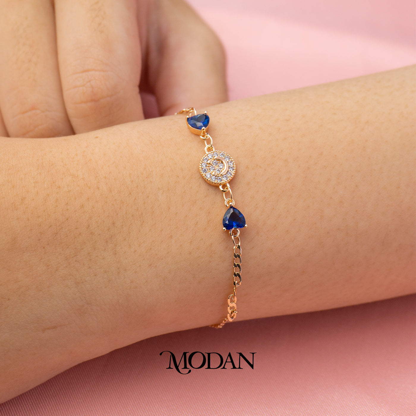 (16cm) Cocktail Sapphire Blue Heart Zirconia Crescent Moon Dainty Bracelet Gelang Pesta Biru Hypoallergenic Gold Plated