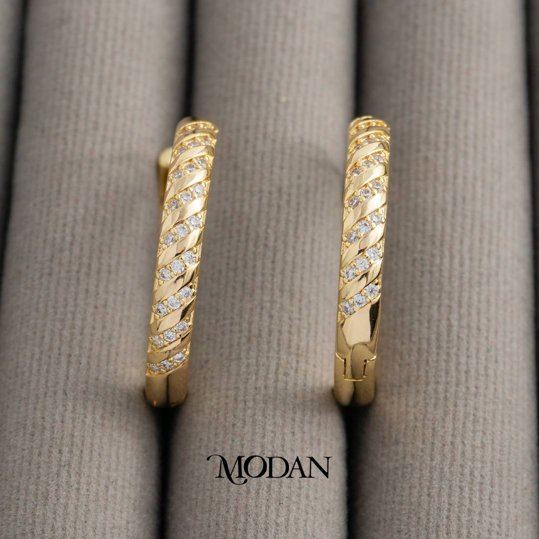 Micro Pave Swirl Rope Hoop Earrings Anting Bulat Ulir Hypoallergenic Gold Filled