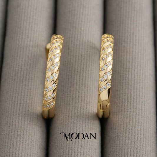 Micro Pave Swirl Rope Hoop Earrings Anting Bulat Ulir Hypoallergenic Gold Filled