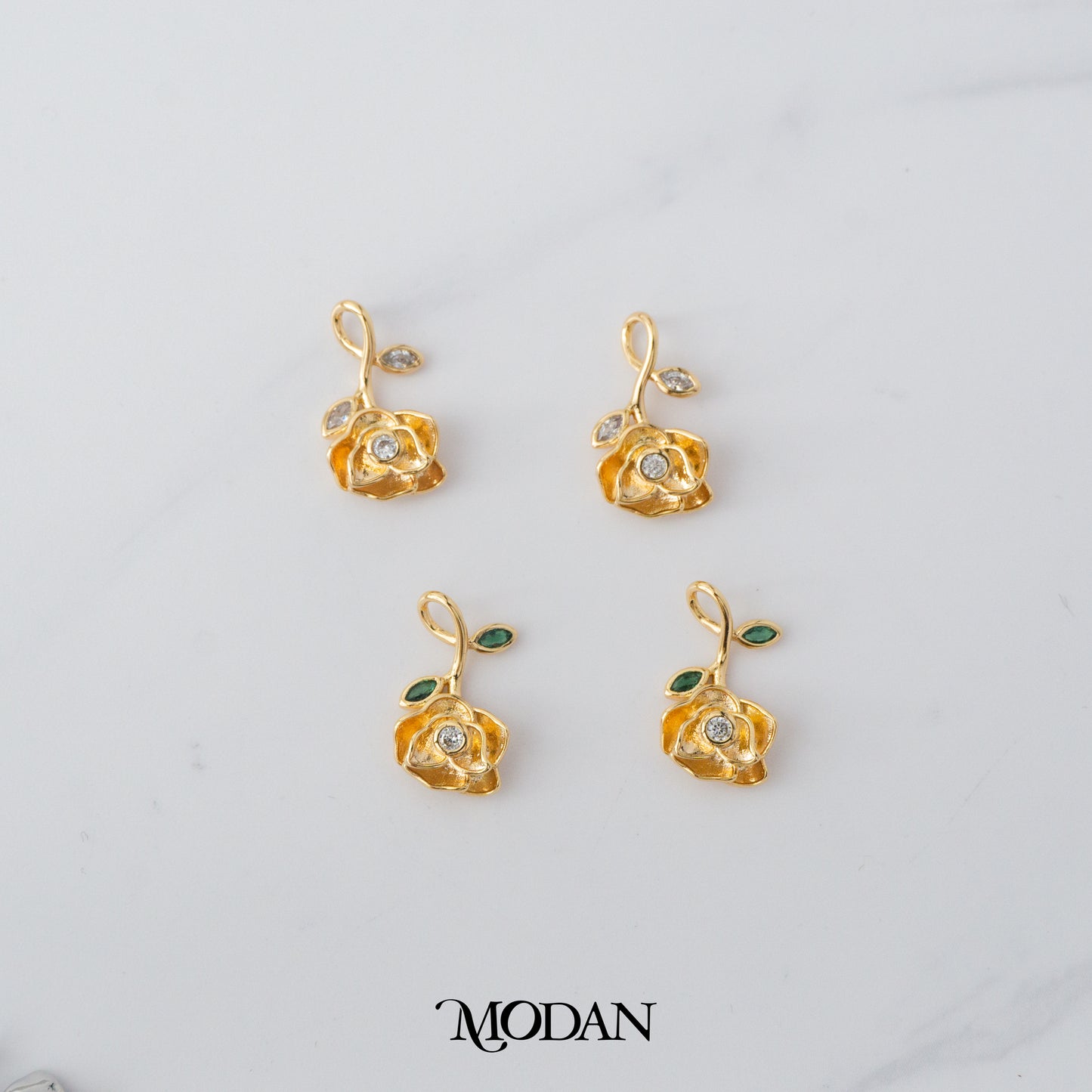 Clear, Green Unique Upside Down Rose Flower DIY Charm Liontin Bunga Mawar Hypoallergenic Gold Plated