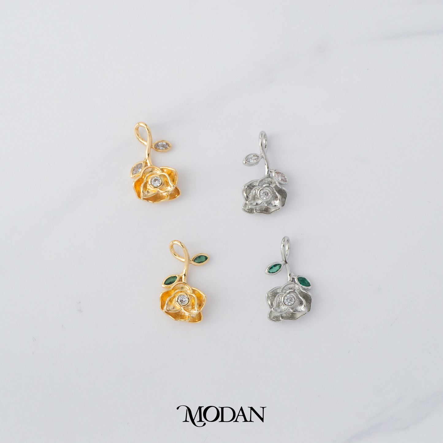 Clear, Green Unique Upside Down Rose Flower DIY Charm Liontin Bunga Mawar Hypoallergenic Gold Plated