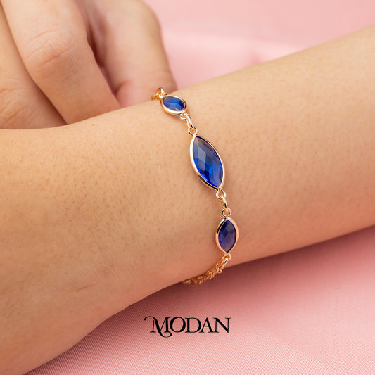 (17cm) Cocktail Blue Ellipse Cut Bracelet Gelang Pesta Biru Hypoallergenic Gold Plated