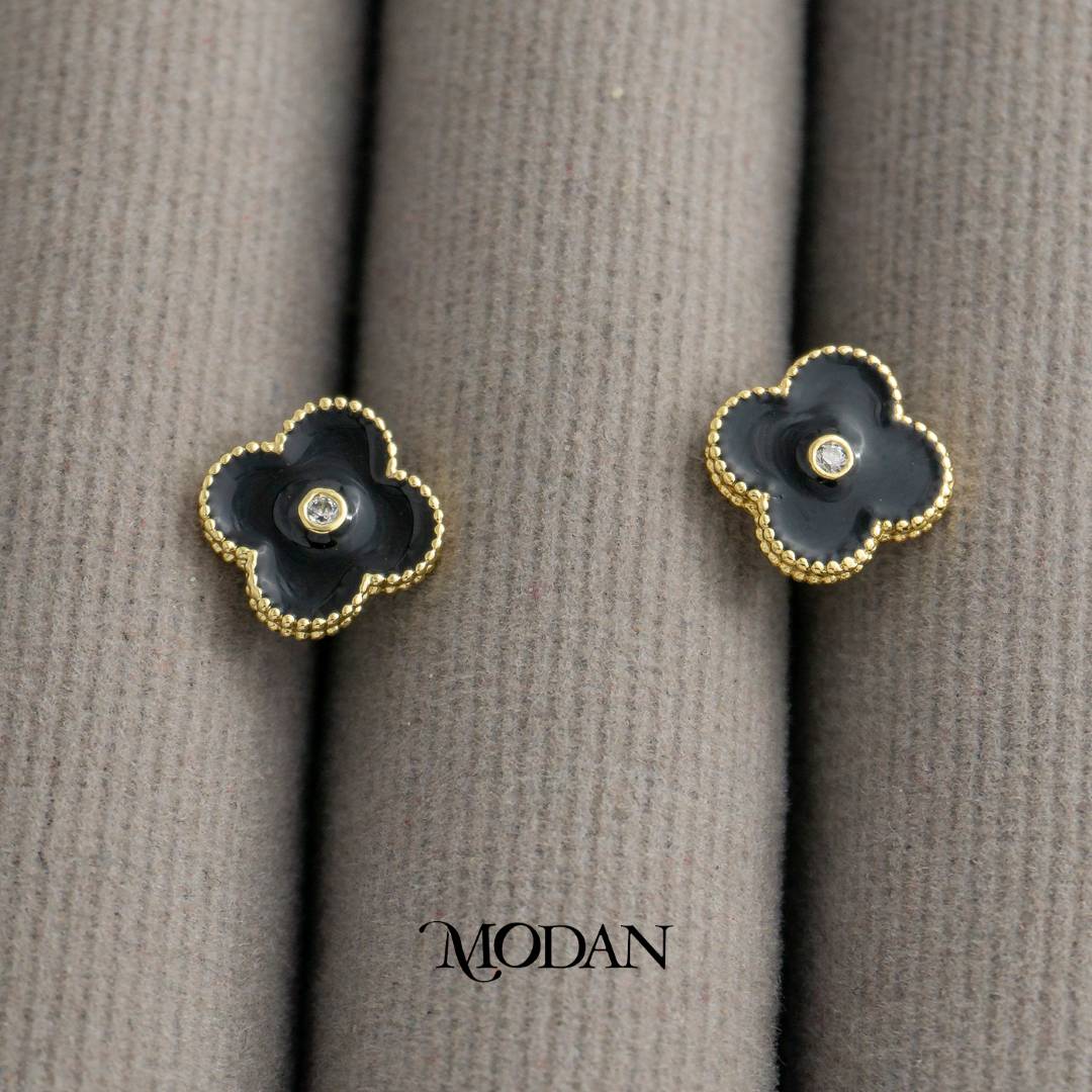 Black Enamel Lucky Clover Stud Earrings Anting Tusuk Daun Keberuntungan Hypoallergenic Gold Plated