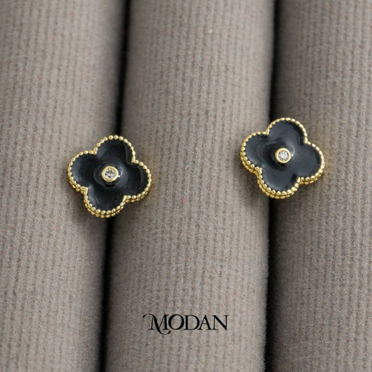 Black Enamel Lucky Clover Stud Earrings Anting Tusuk Daun Keberuntungan Hypoallergenic Gold Plated