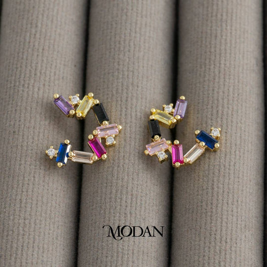 Rainbow Colorful ZigZag Baguette Stud Earrings Anting Tusuk Warna - Warni Pesta Pernikahan Hypoallergenic Gold Plated