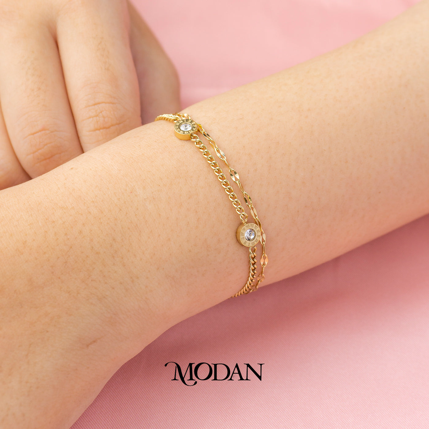 (18cm) Roman Numerals Chain Double Layer Bracelet Gelang Hypoallergenic Stainless Steel