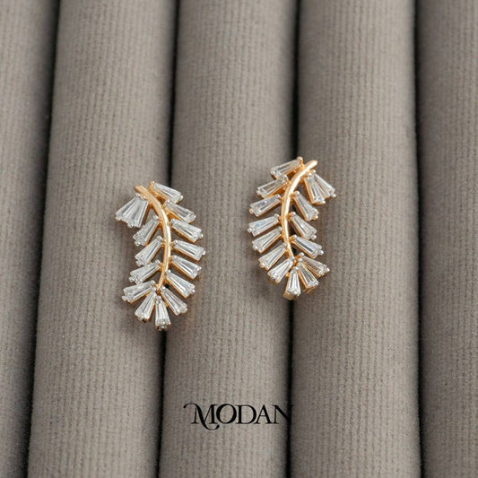Sparkling Leaf Baguette Stud Earrings Anting Tusuk Daun Pesta Hypoallergenic Gold Plated