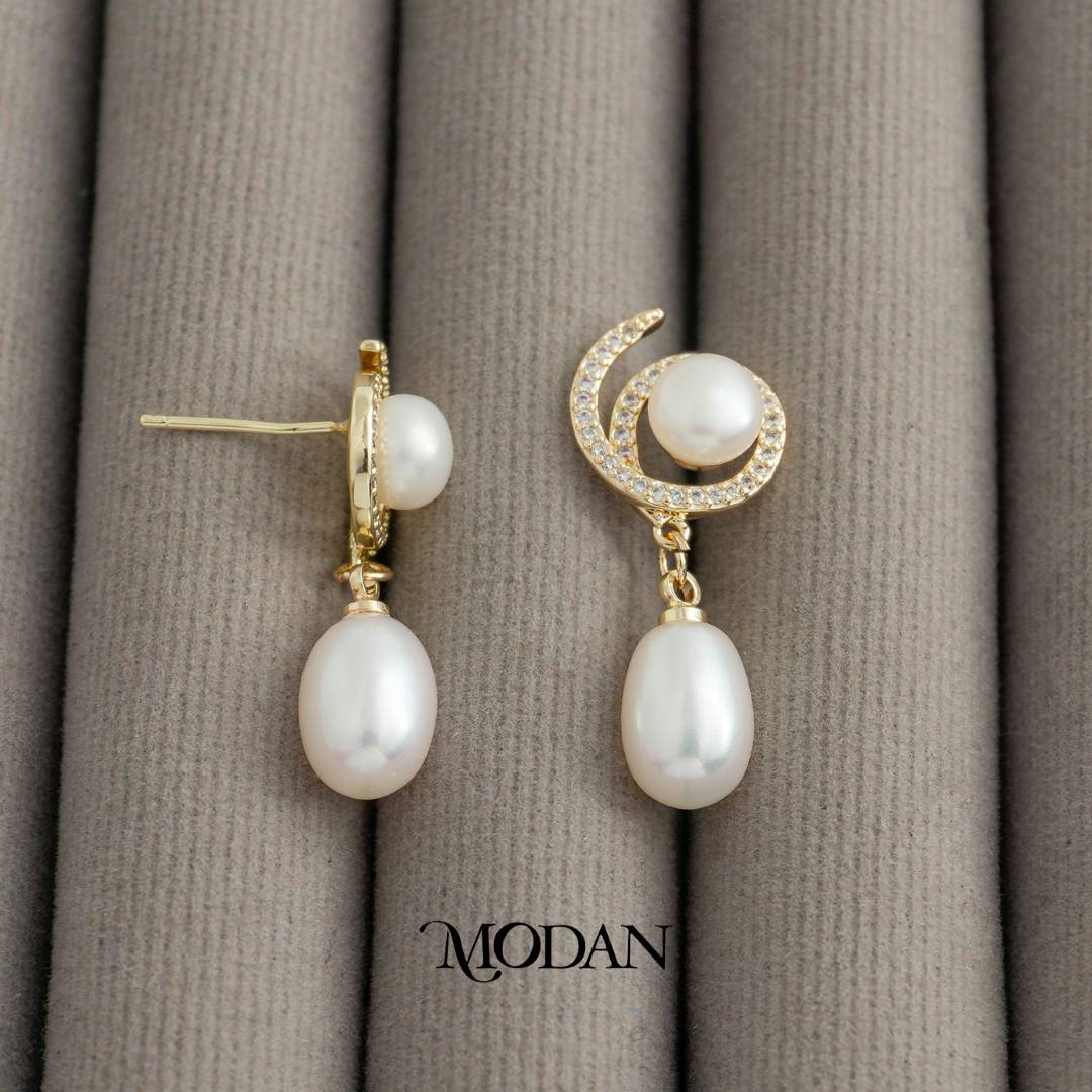 Bridal Pearl Knot Dangle Stud Earrings Anting Tusuk Gantung Pesta Mutiara Hypoallergenic Gold Plated