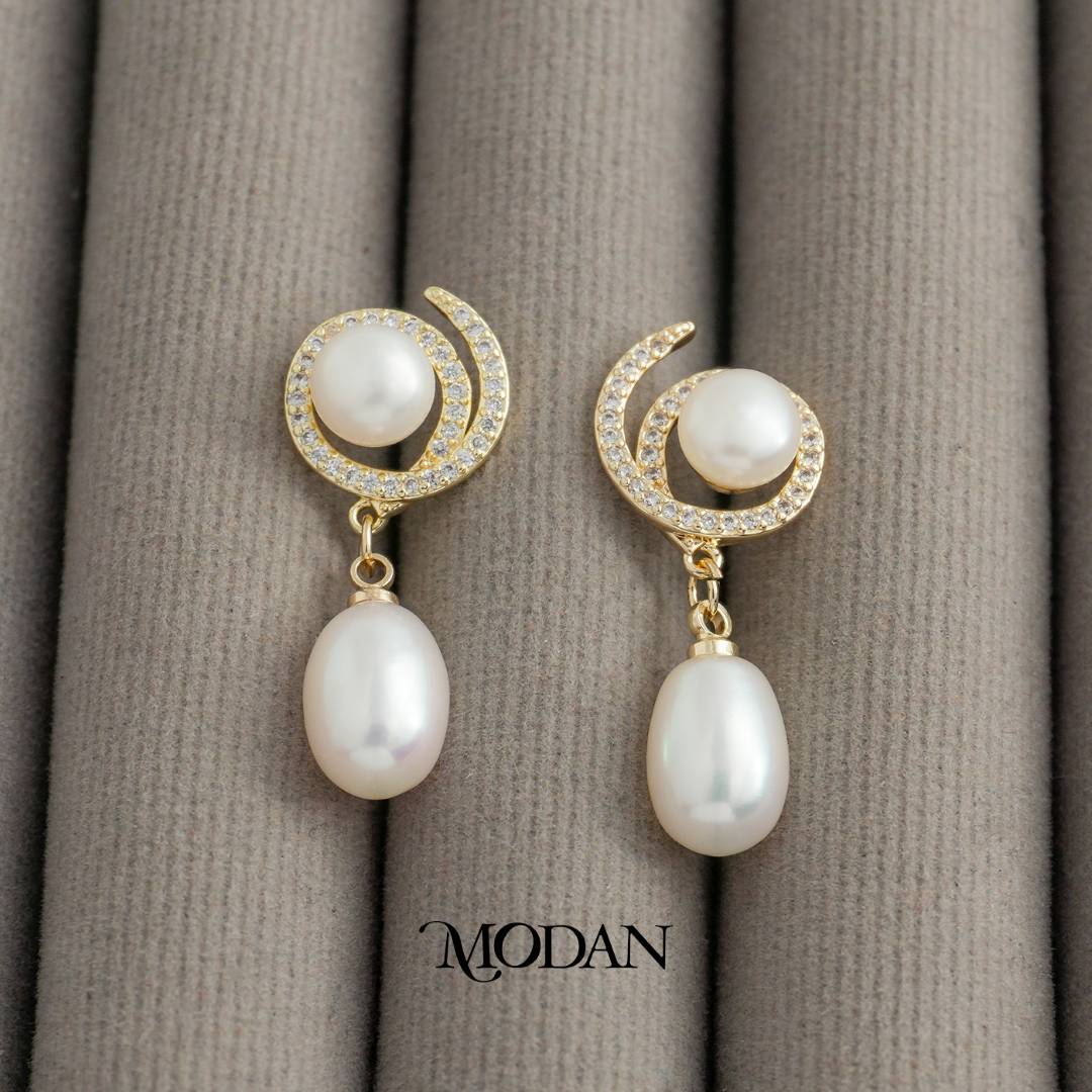 Bridal Pearl Knot Dangle Stud Earrings Anting Tusuk Gantung Pesta Mutiara Hypoallergenic Gold Plated