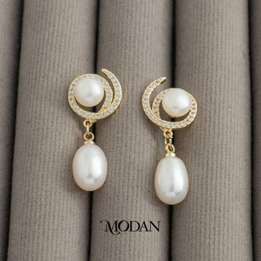 Bridal Pearl Knot Dangle Stud Earrings Anting Tusuk Gantung Pesta Mutiara Hypoallergenic Gold Plated
