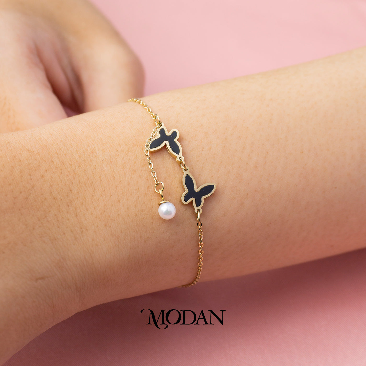 (19cm) Golden Black Butterfly with Pearl Dangle Charms Anklet Bracelet Gelang Kaki Hypoallergenic Stainless Steel