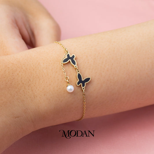 (19cm) Golden Black Butterfly with Pearl Dangle Charms Anklet Bracelet Gelang Kaki Hypoallergenic Stainless Steel