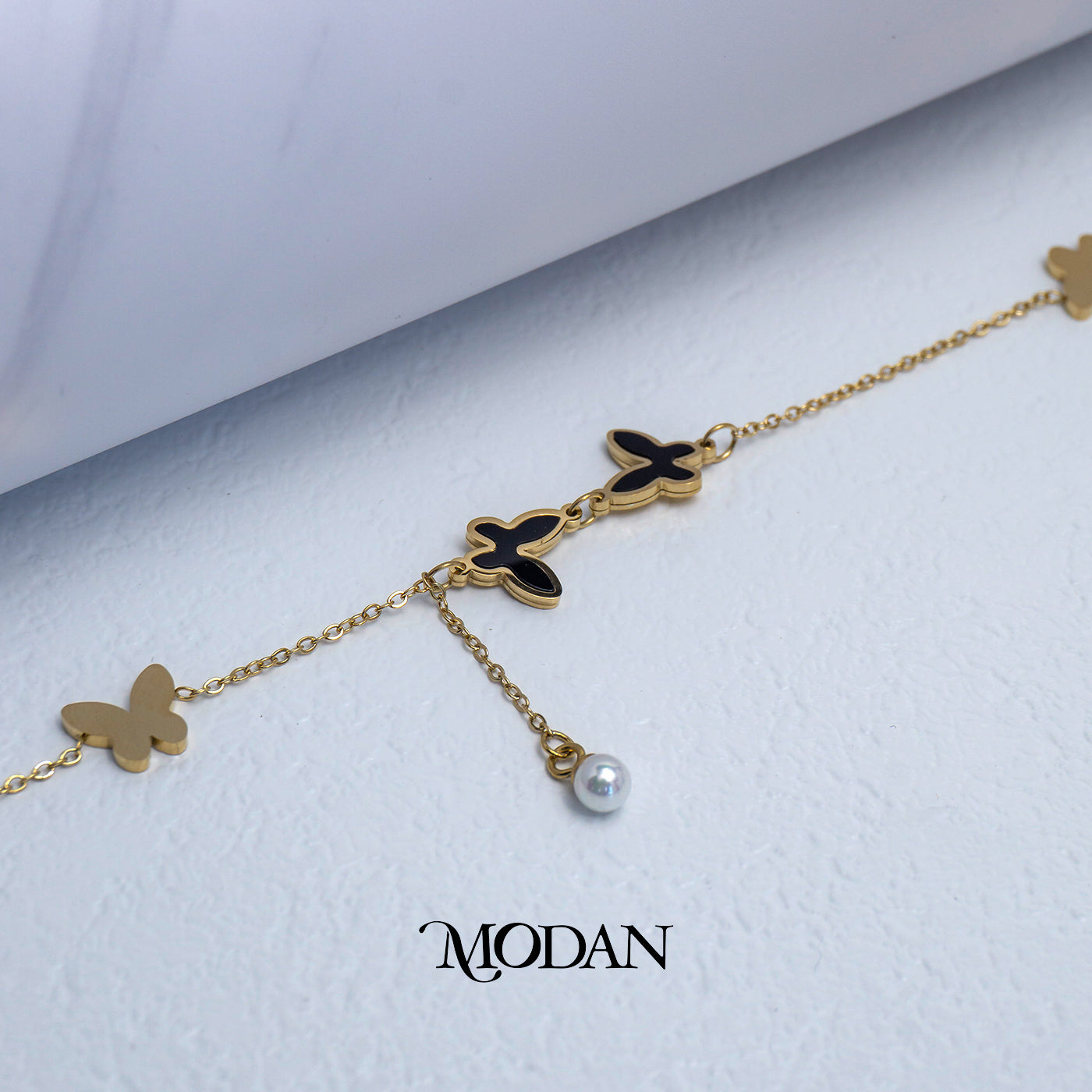 (19cm) Golden Black Butterfly with Pearl Dangle Charms Anklet Bracelet Gelang Kaki Hypoallergenic Stainless Steel