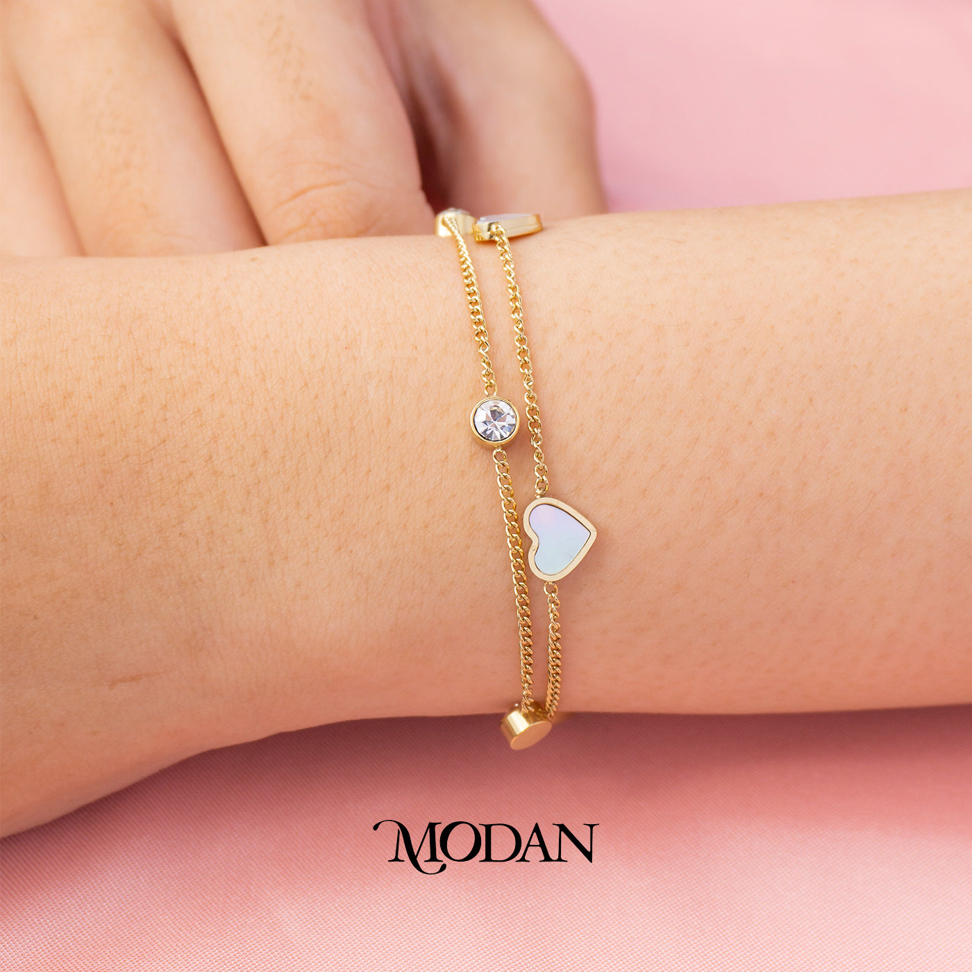 (17cm) Titanium Mother of Pearl Heart Double Layer Bracelet Gelang Hypoallergenic Stainless Steel