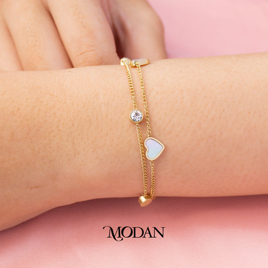 (17cm) Titanium Mother of Pearl Heart Double Layer Bracelet Gelang Hypoallergenic Stainless Steel