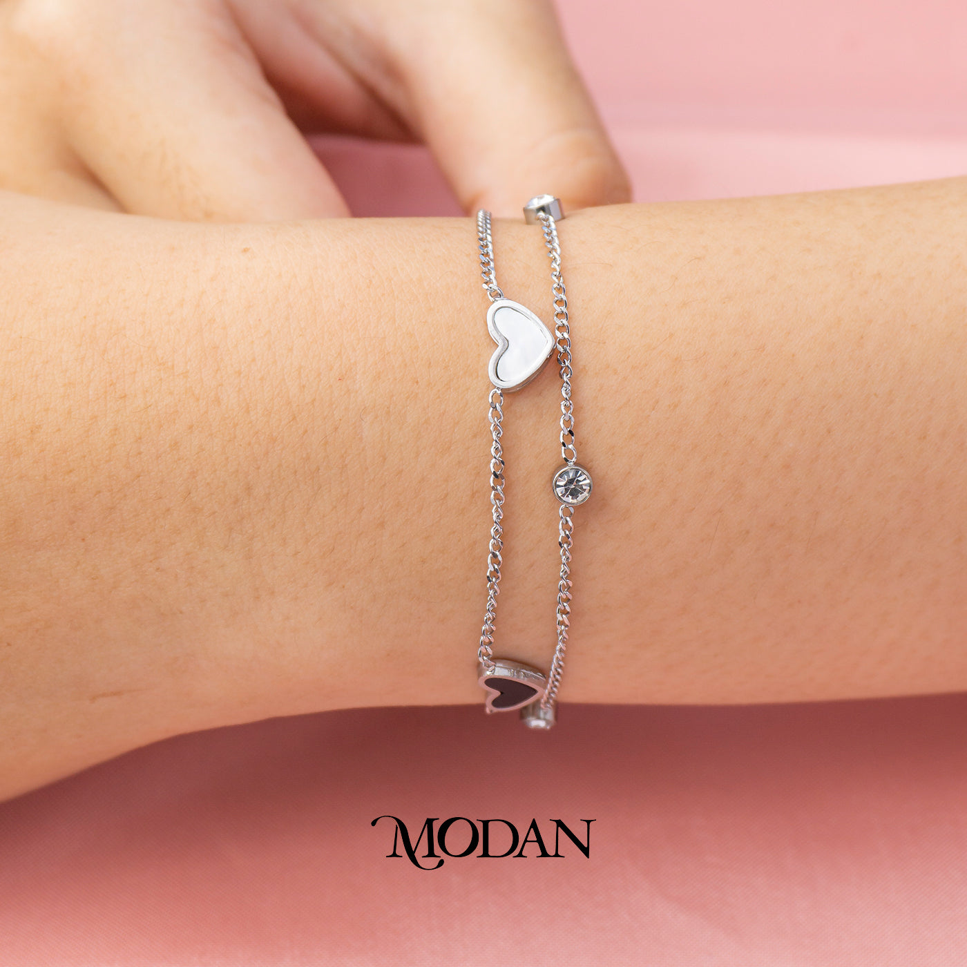 (17cm) Titanium Silver Mother of Pearl Heart Double Layer Bracelet Gelang Hypoallergenic Stainless Steel