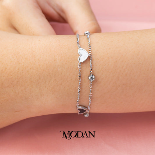 (17cm) Titanium Silver Mother of Pearl Heart Double Layer Bracelet Gelang Hypoallergenic Stainless Steel