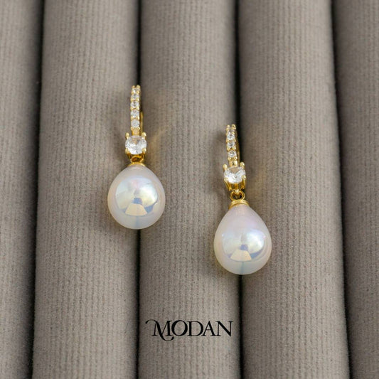 White Teardrop Acrylic Glass Dangle Hoop Earrings Anting Gantung Hypoallergenic Gold Plated