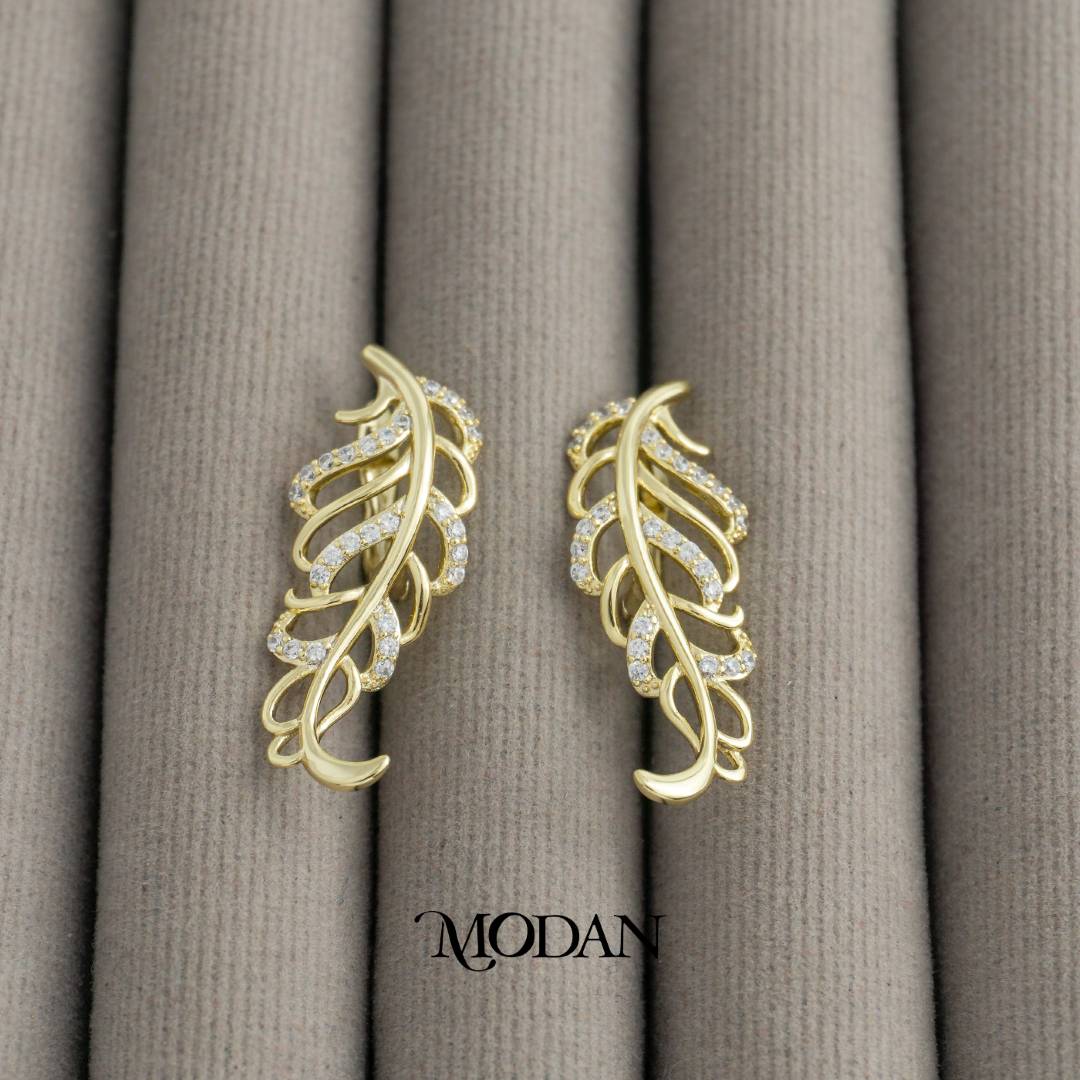 Micro Paved Leaf Drop Hoop Earrings Anting Daun Pesta Hypoallergenic Gold Plated