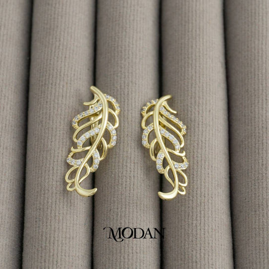 Micro Paved Leaf Drop Hoop Earrings Anting Daun Pesta Hypoallergenic Gold Plated