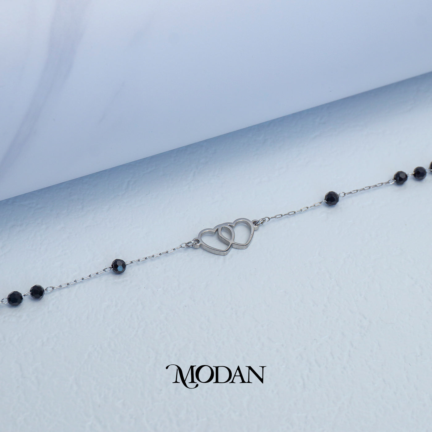(18cm) Titanium Black Beads Interlocking Heart Dainty Bracelet Gelang Hypoallergenic Stainless Steel