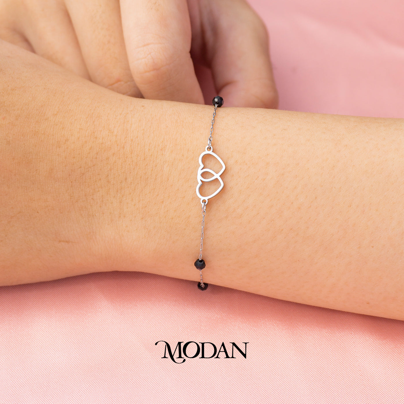 (18cm) Titanium Black Beads Interlocking Heart Dainty Bracelet Gelang Hypoallergenic Stainless Steel