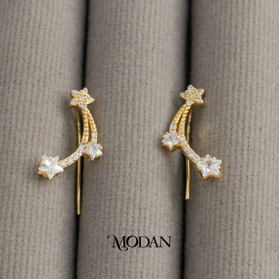 Sparkling Celestial Star Ear Climber Earrings Anting Merambat Bintang Pesta Hypoallergenic Gold Plated
