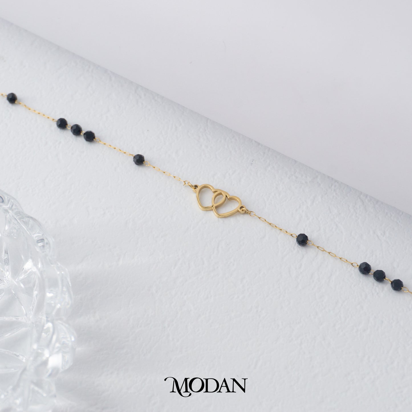 (18cm) Titanium Black Beads Interlocking Heart Dainty Bracelet Gelang Hypoallergenic Stainless Steel