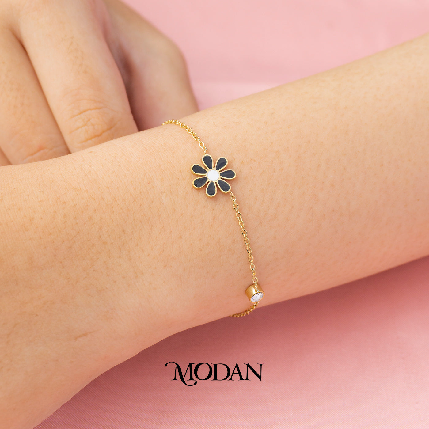 (16.5cm) Titanium Black Flower Dainty Bracelet Gelang Hypoallergenic Stainless Steel