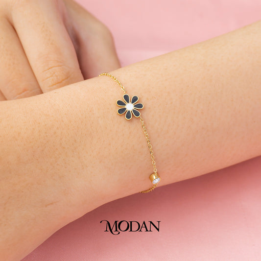 (16.5cm) Titanium Black Flower Dainty Bracelet Gelang Hypoallergenic Stainless Steel