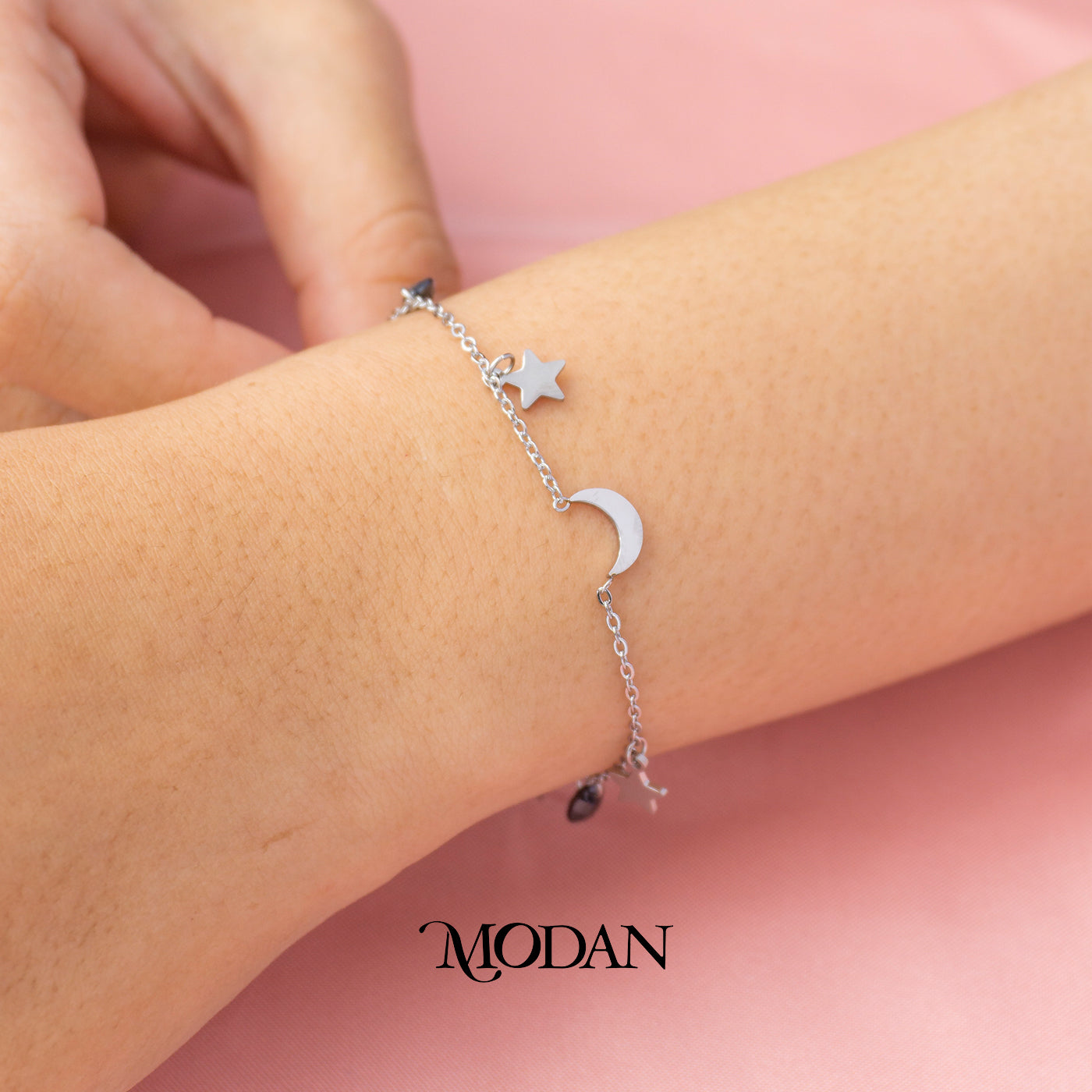 (16cm) Titanium Celestial Moon and Star Charm Dainty Bracelet Gelang Bulan Bintang Hypoallergenic Stainless Steel