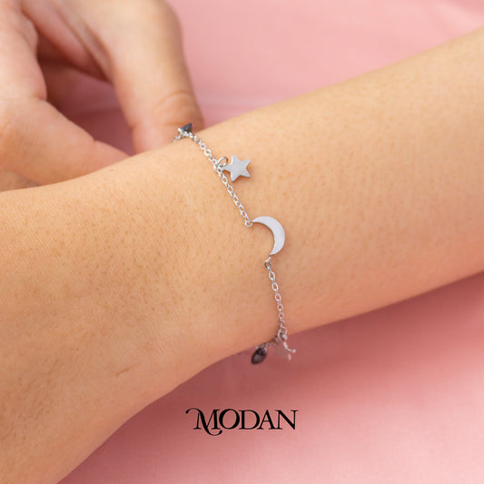 (16cm) Titanium Celestial Moon and Star Charm Dainty Bracelet Gelang Bulan Bintang Hypoallergenic Stainless Steel
