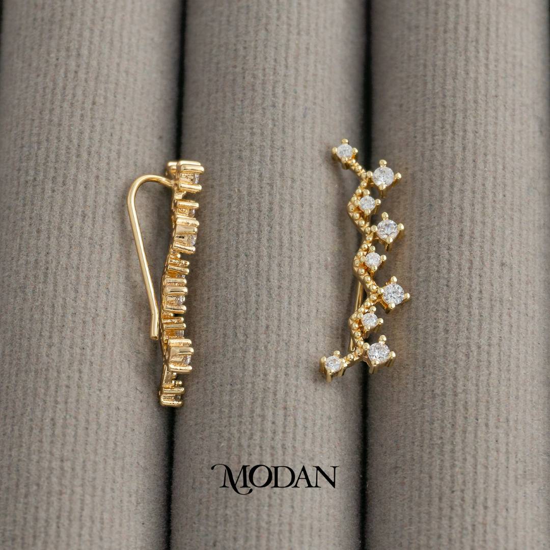 Sparkling Curved Line Ear Climber Earrings Anting Merambat Hypoallergenic Gold Plated