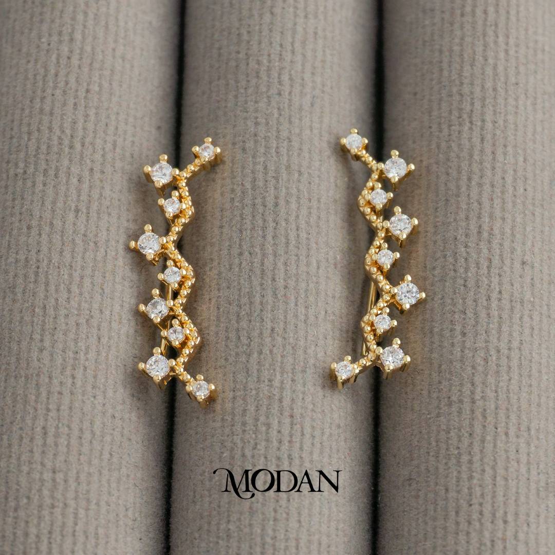 Sparkling Curved Line Ear Climber Earrings Anting Merambat Hypoallergenic Gold Plated