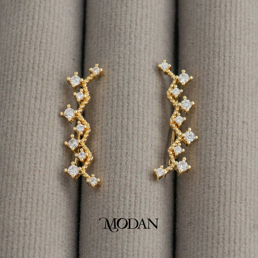 Sparkling Curved Line Ear Climber Earrings Anting Merambat Hypoallergenic Gold Plated