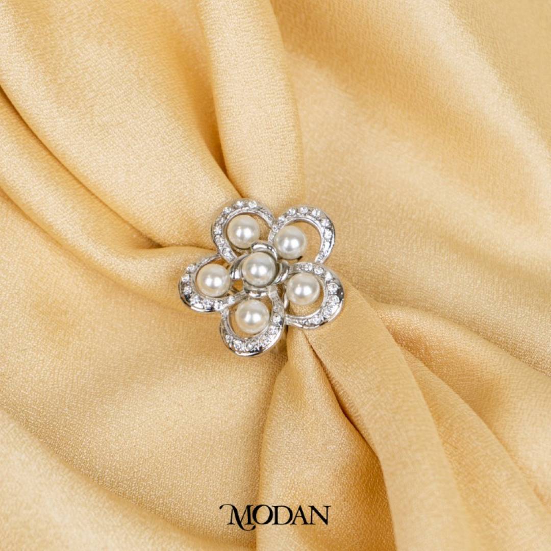 Vintage Gray Blooming Flower Pearl Hijab Ring Cincin Hijab Bunga Mutiara Hypoallergenic Gold Plated