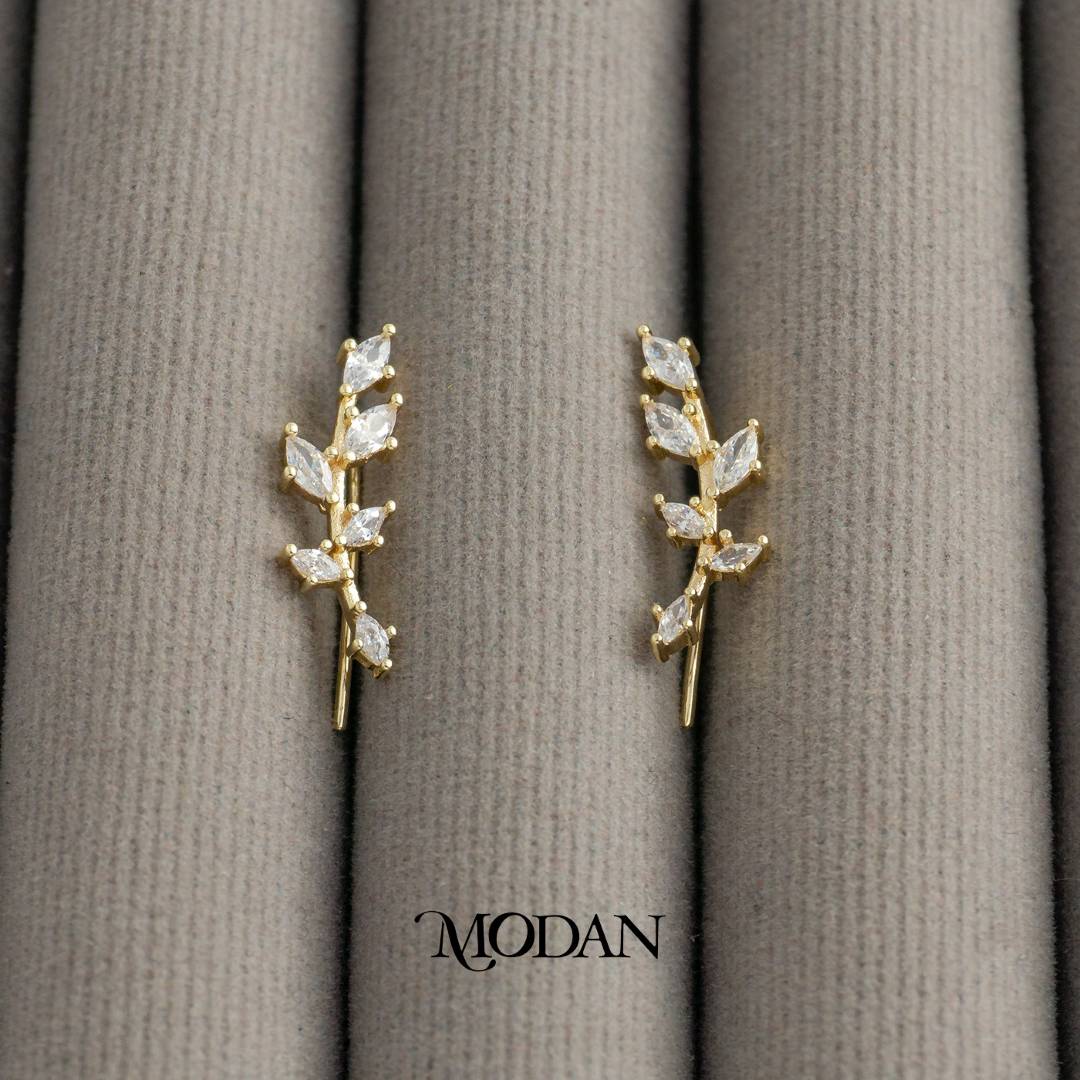 Sparkling Wavy Leaf Climber Earrings Anting Daun Merambat Hypoallergenic Gold Plated