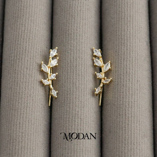 Sparkling Wavy Leaf Climber Earrings Anting Daun Merambat Hypoallergenic Gold Plated