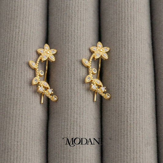 Sparkling Vine Flower Beaded Climber Earrings Anting Bunga Merambat Hypoallergenic Gold Plated
