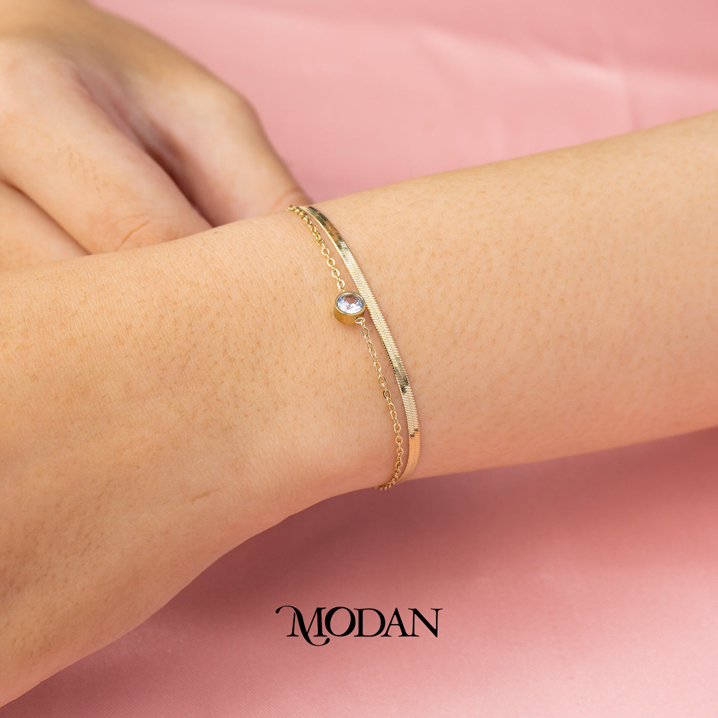 (18cm) Titanium Round Solitaire Double Layer Bracelet Gelang Hypoallergenic Stainless Steel