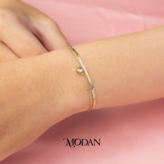 (18cm) Titanium Round Solitaire Double Layer Bracelet Gelang Hypoallergenic Stainless Steel