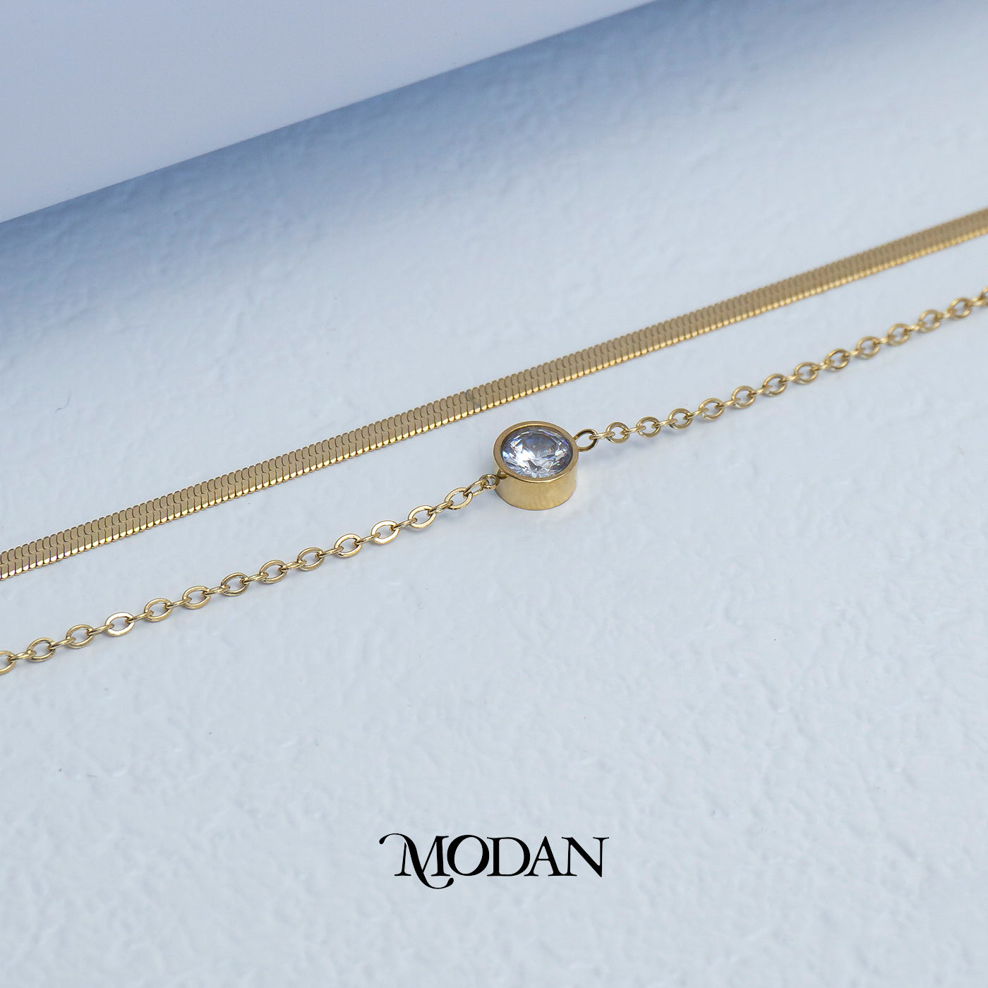 (18cm) Titanium Round Solitaire Double Layer Bracelet Gelang Hypoallergenic Stainless Steel