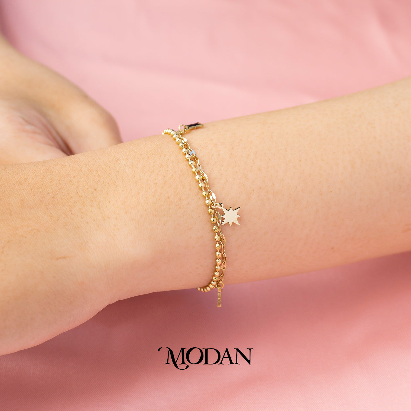 (20cm) Titanium Golden Plain Star Chain Double Layer Anklet Bracelet Gelang Kaki Hypoallergenic Stainless Steel