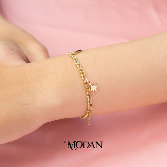 (20cm) Titanium Golden Plain Star Chain Double Layer Anklet Bracelet Gelang Kaki Hypoallergenic Stainless Steel